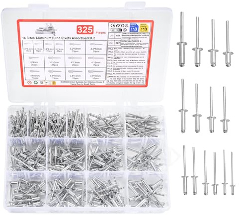Surtido de 325 remaches de aluminio, remaches ciegos de aluminio, remaches pop con extremo abierto, remaches ciegos para metal, madera y plástico (2,4 mm, 3,2 mm, 4 mm, 4,8 mm)