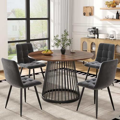 Aunvla Matbordsset (5 delar), modernt matbordsset (med 4 stolar), kök, runt köksbord med 80 cm diameter och svarta metallben, valnötsfärgad MDF-platta, sammetsstolar