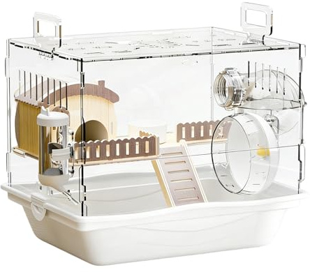 Lunaobrik Habitat pour hamsters - Maison à 2 étages en acrylique transparent | Cage pour souris avec roue, bouteille d'eau et nourriture | pour gerbilli souris chinchilla petits animaux repos et jeu