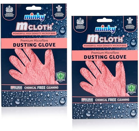 Minky Mcloth Dusting Glove - Pack of 2, Cleaning Duster with Anti-Bacterial Protection, Microfibre Cloth Multifunctional & Reusable, Pink Cleaning Gloves