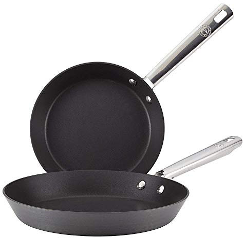 Anolon Professional Non Stick Frying Pan Set of 2 - Durable Frying Pan Set 20 & 28cm, with Stainless Steel Riveted Handles, Oven & Dishwasher Safe Cookware, Black