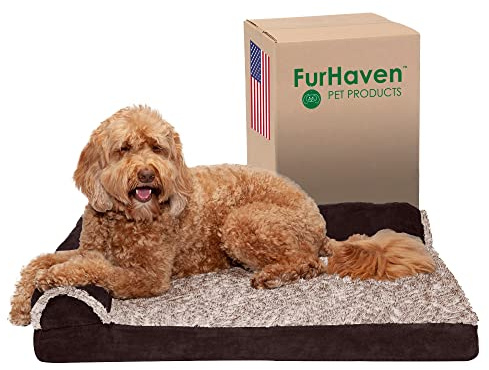 Furhaven Orthopedic Dog Bed for Large/Medium Dogs w/ Removable Bolsters & Washable Cover, For Dogs Up to 55 lbs - Two-Tone Plush Faux Fur & Suede L Shaped Chaise - Espresso, Large