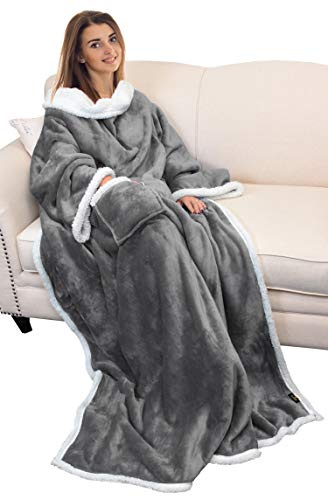 Catalonia Classy Decke mit Ärmeln als Geschenk für Frauen Herren, Flauschig Sherpa Kuscheldecke mit Ärmel, Cozy Ärmeldecke Warm Decke zum Anziehen Erwachsene, 185 x 140 cm grau