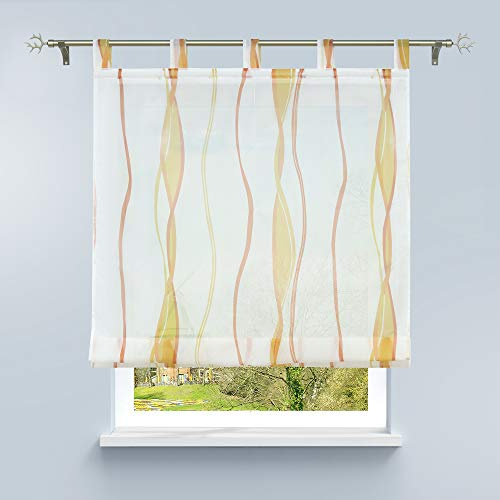 HongYa Raffrollo mit Wellen Druck Transparenter Voile Raffgardine Vorhang mit Schlaufen H/B 140/120 cm Creme Terra