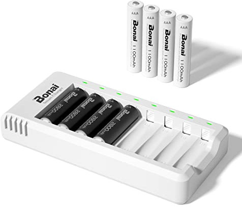 BONAI Cargador de Pilas Ni-MH Recargables con 4 Piezas 2800mAh AA y 4 Piezas 1100mAh AAA Ni-MH Baterías Recargables con Puerto USB