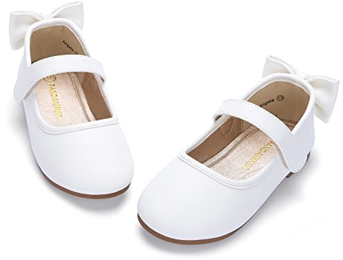 PANDANINJIA Toddler/Little Kid Girl's Angela Dress Mary Jane Ballet Flats Bow Flower Girl Wedding Party Ballerina Flat Shoes(White Pu,7 M US Toddler)