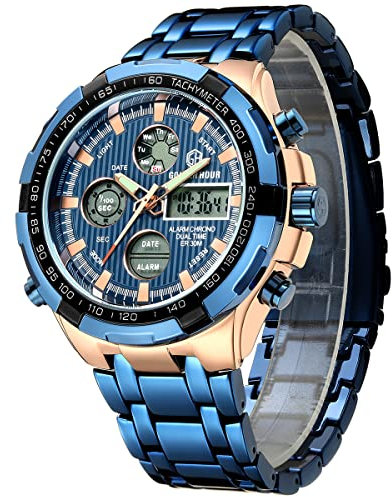 GOLDEN HOUR lusso in acciaio inox analogico digitale orologi per uomo sport all'aperto impermeabile grande orologio da polso pesante Oro rosa e blu.