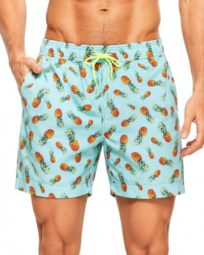 HLVEXH Herr Hawaiian Beach Shorts Badbyxor Snabbtork Baddräkter med nätfoder Grön Rosa Flamingo 3XL