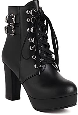 Synthétique Sexy Bout Rond Bloc Talon Zipper Lace-up Talon Haut avec 9,5 cm Plateforme avec 3 cm Cheville Bottes décontractées pour femmes Grande taille T998-72, Noir , 45 EU