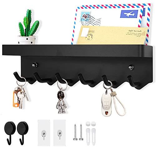 Echehi 6 Hooks Modern Key Holder, Multifunctional Self Adhesive or Drilling 2 Ways Installation Wall Key Rack, Key Hooks Wall Mounted for Entrance Area, Kitchen, Office, Bathroom, Living Room(Black)