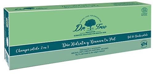 Dr. Tree Duo Sólidos Hidrata y Renueva, Champú Sólido Uso Frecuente + Gel de Ducha Exfoliante, Energiza, Purifica e Hidrata, Sin Sulfatos SLE, SLS, Sin parabenos, 75gr + 120gr