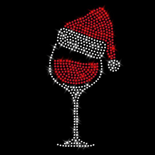 Glitterdeals Image thermocollante Strass Verre à vin de Noël Cristal avec Chapeau de Père Noël Motif Strass à Repasser Motif thermocollant Chapeau de Noël Strass thermocollant Noël