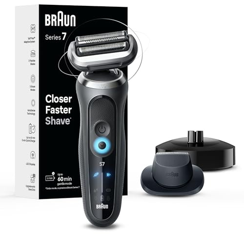 Braun Electric Shaver for Men, Series 7 7127cs, Wet & Dry Shave, Turbo & Gentle Shaving Modes, Waterproof Foil Shaver, Engineered in Germany, with Beard Trimmer, Charging Stand, Space Grey