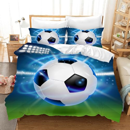 Leleyouzer Fussball Bettwäsche 135×200 cm Jungen,3D Fußball Druck Bettbezug,Mikrofaser Kinder Bettwäsche mit Reißverschluss und 2 Kissenbezügen 50 x 75cm (F03)