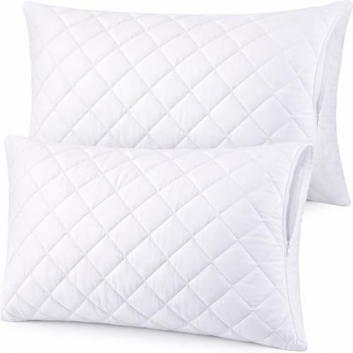 4AS Quilted Pillow Protectors 2 Pack (48x74cm) – 100% Polyester, Breathable & Machine Washable Zipped Pillow Covers (White)