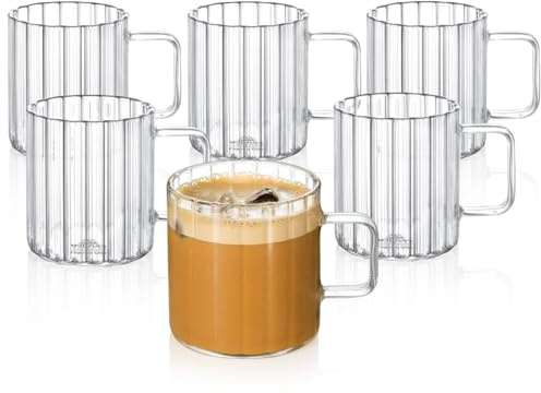 Wilmax - Thermogläser mit Henkel - 6er Set - 300ml - Gläser aus geriffeltem Glas für Wasser, Tee, Kaffee - Teegläser & Kaffeegläser - Becher für Heiß- und Kaltgetränke - Spülmaschinenfest
