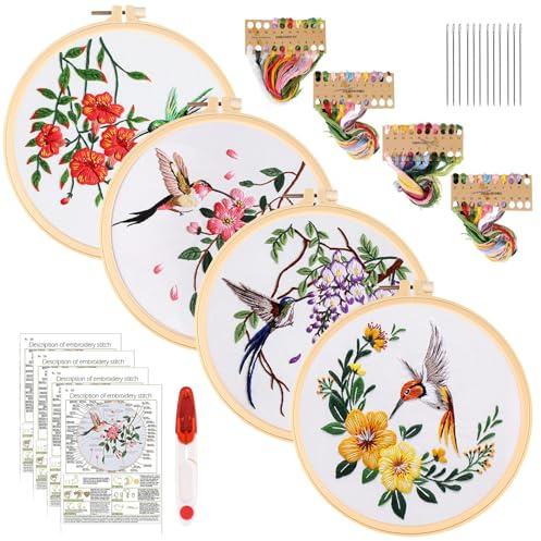 Kit de broderie pour débutants, colibri et fleur, cerceau en bambou, tissu à broder, aiguilles, fils de couleur, instructions