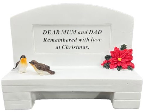 Angraves Dear Mum and Dad Christmas Robin Graveside Memorial Bench Grave Plaque Ornament Decoration Xmas Poinsettia Flowers
