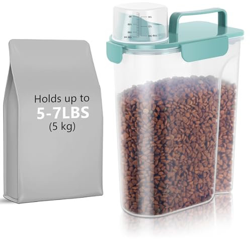 LEAWALK 5-7Lbs Dog Cat Storage Container Portable with Upgraded Large Spout and Cup,Plastic Pet Food Dispenser for Small Animal Kibble,Bird Seed,Oatmeal,Rice,flour,brown sugart- Lake Green