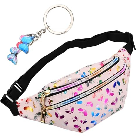 Wisebom Sac Banane pour Fille, Sac de Taille Femme Cuir PU, Sac Ceinture Multicolore avec Pendentif Papillon pour Enfants, Sacoche Banane Réglable pour Voyage Festival (Rose)