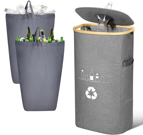 Sumapner 100L Pfandflaschen Sammelbehälter mit Deckel, Groß Pfandflaschen Aufbewahrung, Behälter Leergut & Altglas Aufbewahrung, Flaschensammler mit Loch Küche Abstellraum Flaschentasche, Grau