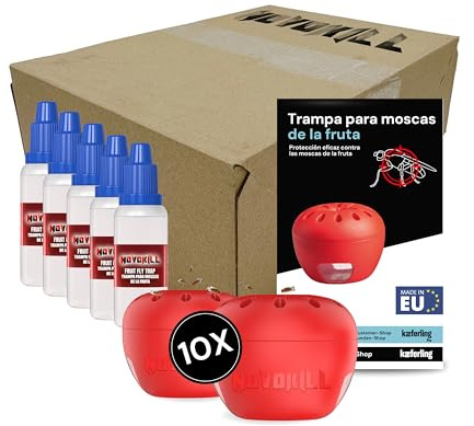 Novokill Trampa para Moscas de la Fruta – 10x Trampas + 5x 30ml Líquido Atrayente – Eficaz para Gastronomía o en Casa - Contra Moscas de la Fruta – Larga Duración – Reutilizable – Ideal para Cocina