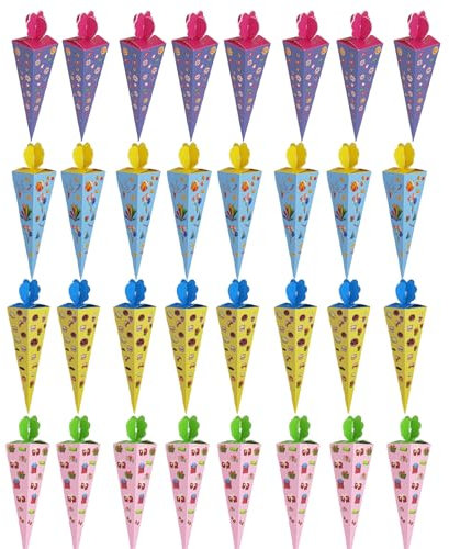 Snyvpra 32 Stück Schultüte Klein, 20cm Geschwister Schultüte Mädchen Jungen, Faltbare Zuckertüte Klein, Zuckertüten, Geschwistertüte Für Die Einschulung Und Partys（Vier Verschiedene Farben）