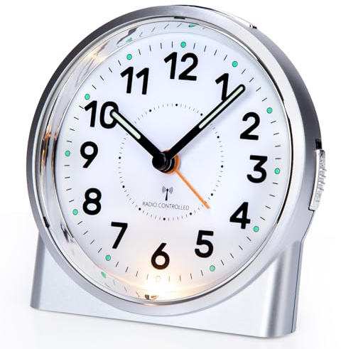 VIVILINEN Radioväckarklocka analog utan tickande med nattlampa och automatisk DCF-signal analog väckarklocka med 5 min snooze-visare och lysvisare, 11,5 cm kompakt design