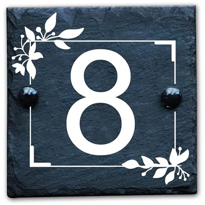 Housics Personalised Slate House Number Plaques, rustic Black Farmhouse Style, Natural Slate House Numbers Plaques UV Printed For Home Decor, Porch, Gate Or Garden (Design - 3, 100 X 100 MM)