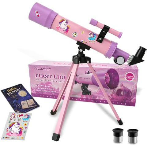 Télescope pour filles, 50 mm, 100 x télescope rose violet avec autocollants licorne