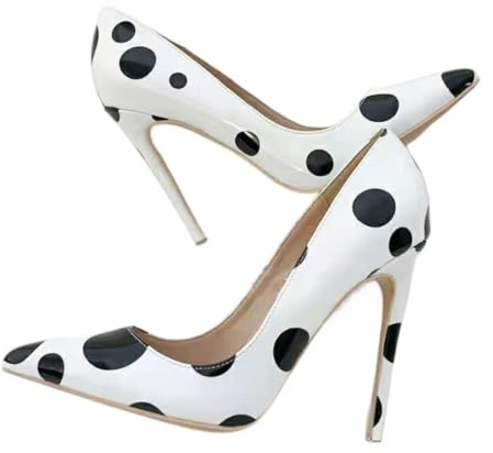 Zapatos de Vestir Mujer con Lunares Punta Cerrada Afilada Tacones Aguja de 12 Cm Slip On Tacon Altos para Fiesta Boda Oficina y Vestidos Formales,Blanca,36 EU
