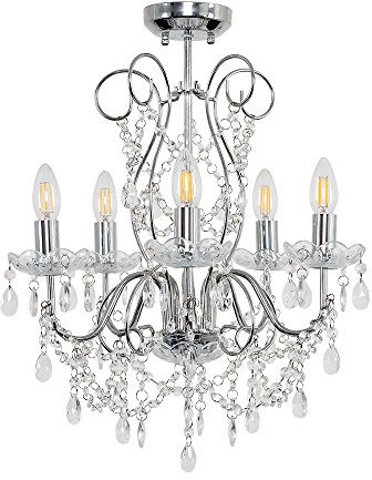 MiniSun | Modern 5 Way Silver Chrome Ceiling Light Chandelier Fitting with Clear K5 Genuine Lead Crystal Droplets | Ceiling Lights & Home Improvements Essential
