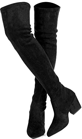 Mtzyoa Bottes pour femmes au-dessus du genou - Cuissardes à talon bloc OTK stretch - Talon aiguille bout pointu, Noir, 40 EU