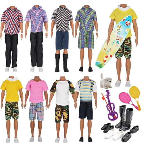 EuTengHao 25Pcs Doll Clothes and Accessories for 12 Inch Boy Dolls Includes 16 Different Wear Clothes Shirt Jeans Pants Shoes for 12'' Boyfriend Doll with Dog,2 Tennis Racket,Violin and Surfboard