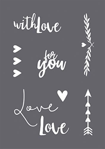 Rayher 45126000 Schablonen Set with love mit selbstklebender Siebdruck-Schablone und Rakel für Papiergestaltung, Scrapbooking und Textiles Gestalten, A5, Farblos