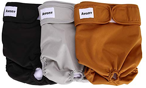 Avont Tvättbara blöjor för tikar, återanvändningsbara och hållbara för kvinnliga hundar, hundblöjor, mycket absorberande, 3-pack, M, 33–48 cm midja, svart/brun/grå