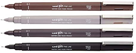 UniBall – Uni Pin Fineliner Mix 4-pack – 0,1 mm – Sepia, ljusgrå, mörkgrå, svart