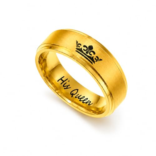Uloveido Alianza de boda de acero inoxidable para hombres y mujeres, anillos de compromiso dorados para parejas con etiqueta de corona SN140, T1/2(62.1mm), Cristal, Zirconia cúbica
