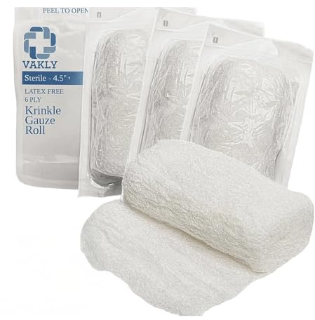 Vakly Sterile Kerlix Gauze Bandage Rolls 4.5 x 4.1 yds (5 Pack) – 6-Ply 100% Cotton Krinkle Gauze, Highly Absorbent Fluff Bandage Wrap, Individually Wrapped