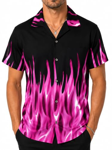 King Kameha Chemise Hawaienne Homme - Chemise Hawaïenne Homme Manches Courtes - Hinano - Chemisette Hibiscus Ananas Leger – Flames, Purple, M