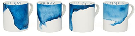 Rick Stein Coves of Cornwall - 4 Piece Bone China Mug Set - Perfect for Coffee, Tea and Other hot Drinks Featuring Beautiful Designs Inspired by the Land and Seascape of Cornwall