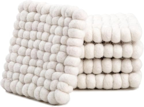 Cuadrado Posavasos de Bolas de Fieltro - Posavasos de Mesa 100% Lana Merina - Salvamanteles Absorbente para Bebidas - Grueso y Duradero Fieltro a Mano en Nepal por Woolygon - Multicolor - Juego de 5