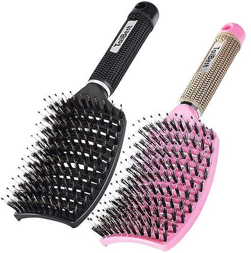 TaiBest Boar Bristle Brush Set - Dry/Wet Detangler for Fine, Thick, Curly Hair - Curved and Vented Brush for Women, Men or Kids