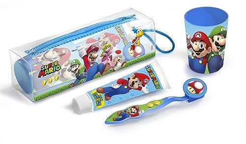 Super Mario Set Infantil De Higiene Dental con Neceser, Pasta de Dientes 75ml, Cepillo Dental con Capuchón y Vaso Decorado, Multicolor