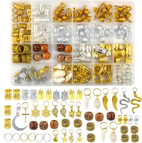 Qingchuang Lot de 241 bijoux de cheveux pour tresses et dreadlocks – Pinces en métal doré argenté, coquillages, perles en bois d'imitation, breloques, poignets réglables, bagues pour femmes et filles