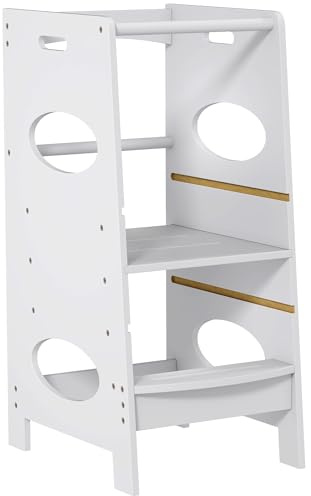 HOMCOM Torre de Aprendizaje de Madera para Niños Taburete de Cocina Infantil con Pedal Altura Ajustable en 3 Posiciones y Barra de Seguridad 40x50x90 cm Gris