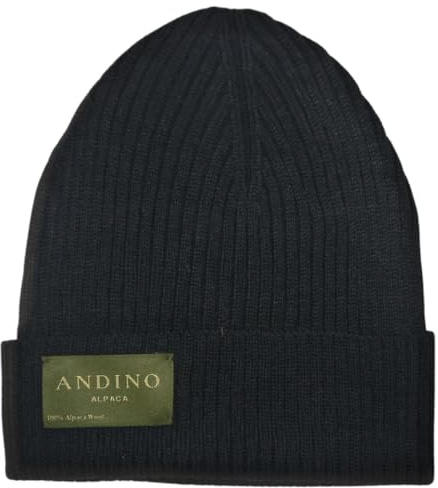 ANDINO ALPACA - 100% Baby Alpaca Wool Beanie Hat Black - Lightweight, Fine Knitting - Classic, Ribbed Cuffed, Fall/Winter, Unisex - Adult One Size Fits All