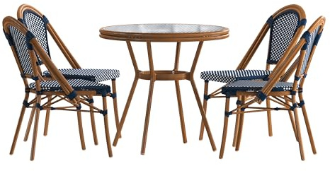 Flash Furniture Bordeaux Indoor/Outdoor Commercial Bistro Set - Tempered Glass Top Table - 4 Chairs - PE Rattan - NAT Bamboo Print Aluminum Frame - Navy/White