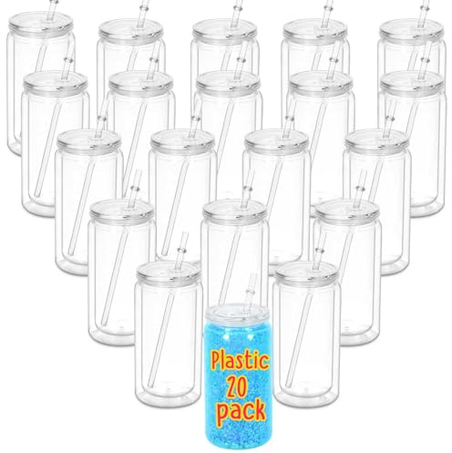 Maucircol 16 Oz Acrylic Snowglobe Tumbler, 20 Pack Pre-Drilled Double Wall Plastic Clear Cup for Glitter Snow Globe Diy, Double Wall Plastic Snowglobe Cup with Clear Lid