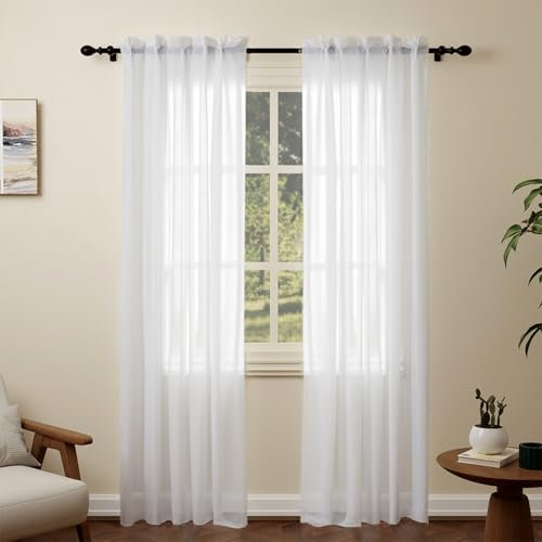 Pacok White Voile Curtains, 84 Drop 2 Panels Net Curtain for Windows, Rod Pocket Sheer Curtain Panel Voile Curtains for Living Room Kitcken Bedroom W56xL84 Inch(White, 142 x 213cm)